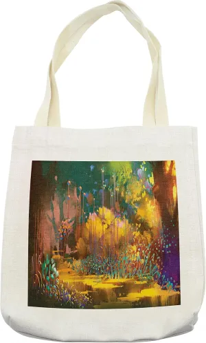 Lunarable Fantasy Tote Bag, Imaginary Forest Psychedelic Feature Effects Jungle Boho Sytle Art, Cloth Linen Reusable Bag for Shopping Books Beach and More, 16.5" X 14", Multicolor
