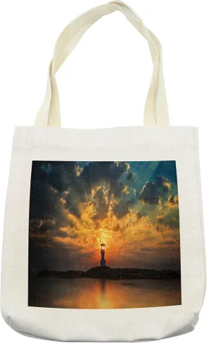 Lunarable Lighthouse Tote Bag, Lighthouse with Beams at Sunset at Khao Lak Romanticism Traveling Print, Cloth Linen Reusable Bag for Shopping Books Beach and More, 16.5" X 14", Cream