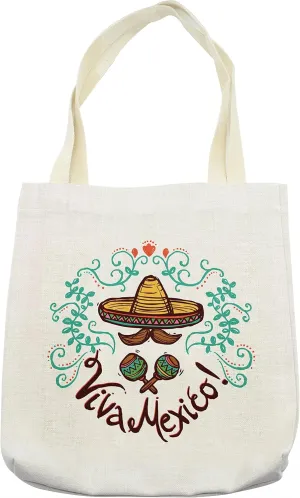 Lunarable Mexican Tote Bag, Mexico Style Sketch Floral Ornament Typography Design Hispanic Artwork, Cloth Linen Reusable Bag for Shopping Books Beach and More, 16.5" X 14", Cream