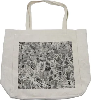 Lunarable Modern Shopping Bag, Vintage Black and White Image of Large World Postage Stamps Travel Hobby Theme Artwork, Eco-Friendly Reusable Bag for Groceries Beach and More, 15.5" X 14.5", Cream