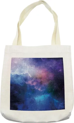Lunarable Modern Tote Bag, Stars Universe Themed Colorful Nebula in Cosmos Interstellar Dark Art, Cloth Linen Reusable Bag for Shopping Books Beach and More, 16.5" X 14", Navy Purple