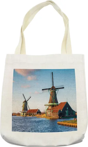 Lunarable Nautical Tote Bag, Windmills on the Pond Harbor in Famous Netherlands Canal European Landmark, Cloth Linen Reusable Bag for Shopping Books Beach and More, 16.5" X 14", Cream