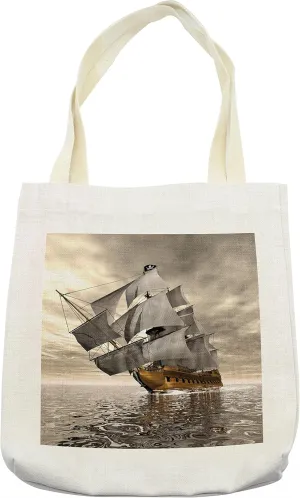 Lunarable Ocean Tote Bag, 3D Style Pirate Ship Sea Historic Vessel Cloudy Sky Voyage Exploration Theme, Cloth Linen Reusable Bag for Shopping Books Beach and More, 16.5" X 14", Cream
