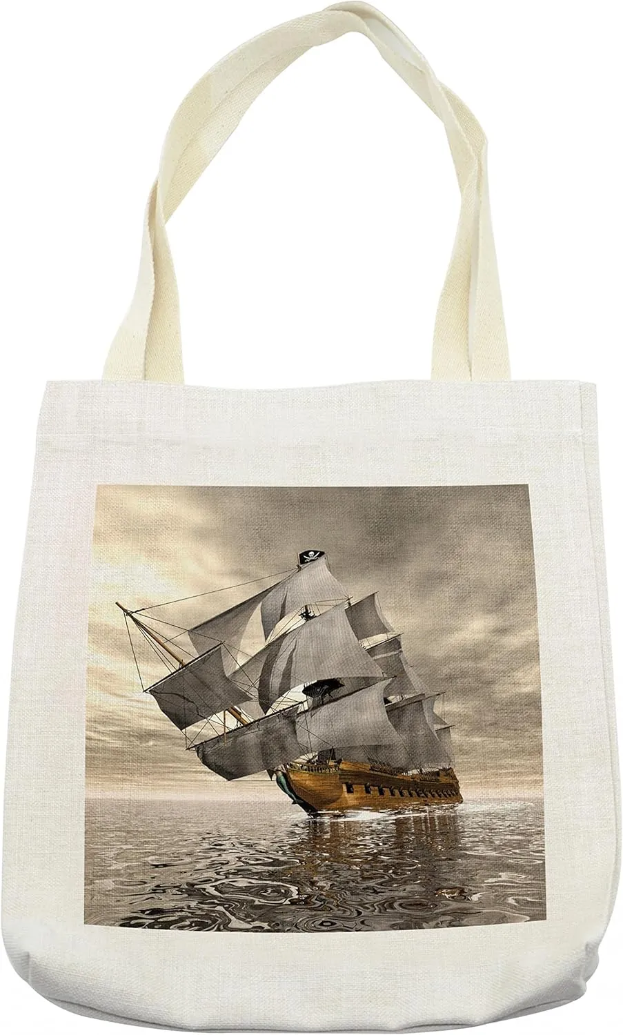 Lunarable Ocean Tote Bag, 3D Style Pirate Ship Sea Historic Vessel Cloudy Sky Voyage Exploration Theme, Cloth Linen Reusable Bag for Shopping Books Beach and More, 16.5" X 14", Cream