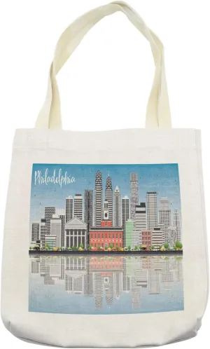 Lunarable Philadelphia Skyline Tote Bag, Digitally Generated City Landmark Line with Reflection Effect, Cloth Linen Reusable Bag for Shopping Books Beach and More, 16.5" X 14", Cream