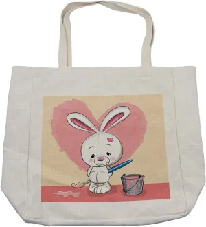 Lunarable Rabbit Shopping Bag, Shy Bunny Painting a Pink Heart on the Wall Heart Shaped Eyes Ears, Eco-Friendly Reusable Bag for Groceries Beach and More, 15.5" X 14.5", Cream