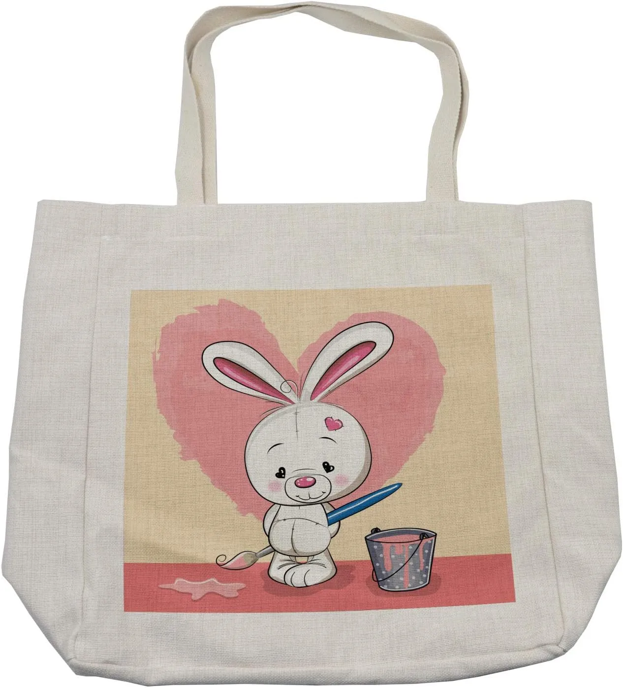 Lunarable Rabbit Shopping Bag, Shy Bunny Painting a Pink Heart on the Wall Heart Shaped Eyes Ears, Eco-Friendly Reusable Bag for Groceries Beach and More, 15.5" X 14.5", Cream