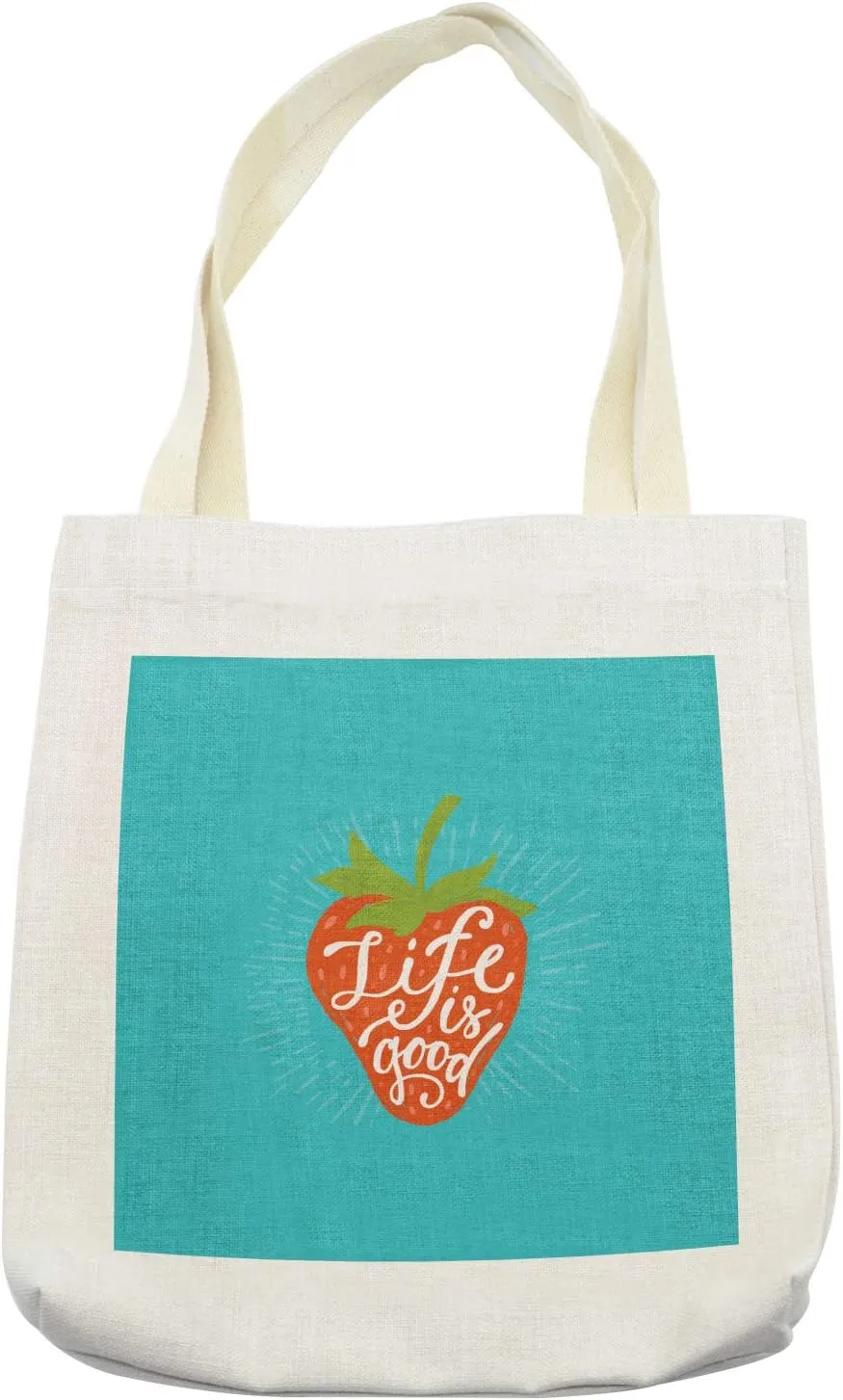 Lunarable Saying Tote Bag, Uplifting Life is Message on a Strawberry on Blue Toned Background, Cloth Linen Reusable Bag for Shopping Books Beach and More, 16.5" X 14", Cream