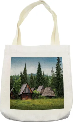 Lunarable Scenery Tote Bag, Abandoned Wooden Hoses with Old Roofs in a Forest Hills of the Mountain Print, Cloth Linen Reusable Bag for Shopping Books Beach and More, 16.5" X 14", Cream