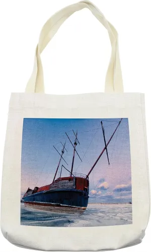 Lunarable Shipwreck Tote Bag, Bent Ship Wreck with a Mast in Ice Snow Frozen Lake in Cold Winter Season Picture, Cloth Linen Reusable Bag for Shopping Books Beach and More, 16.5" X 14", Cream