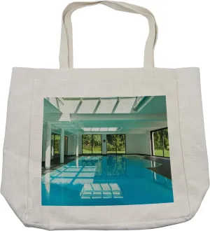 Lunarable Spa Shopping Bag, Indoor Swimming Pool of a Modern House with Spa Window Residential Interior Design, Eco-Friendly Reusable Bag for Groceries Beach and More, 15.5" X 14.5", Cream