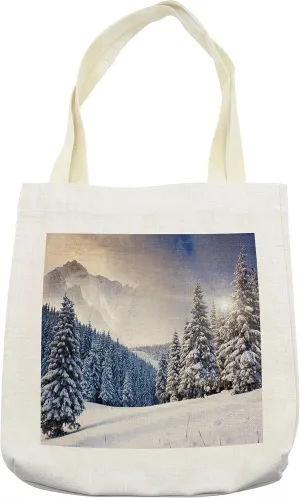 Lunarable Winter Tote Bag, Dreamy Winter Evening over Coniferous Pine Forest Above European Mountain Hoar Frost, Cloth Linen Reusable Bag for Shopping Books Beach and More, 16.5" X 14", Cream