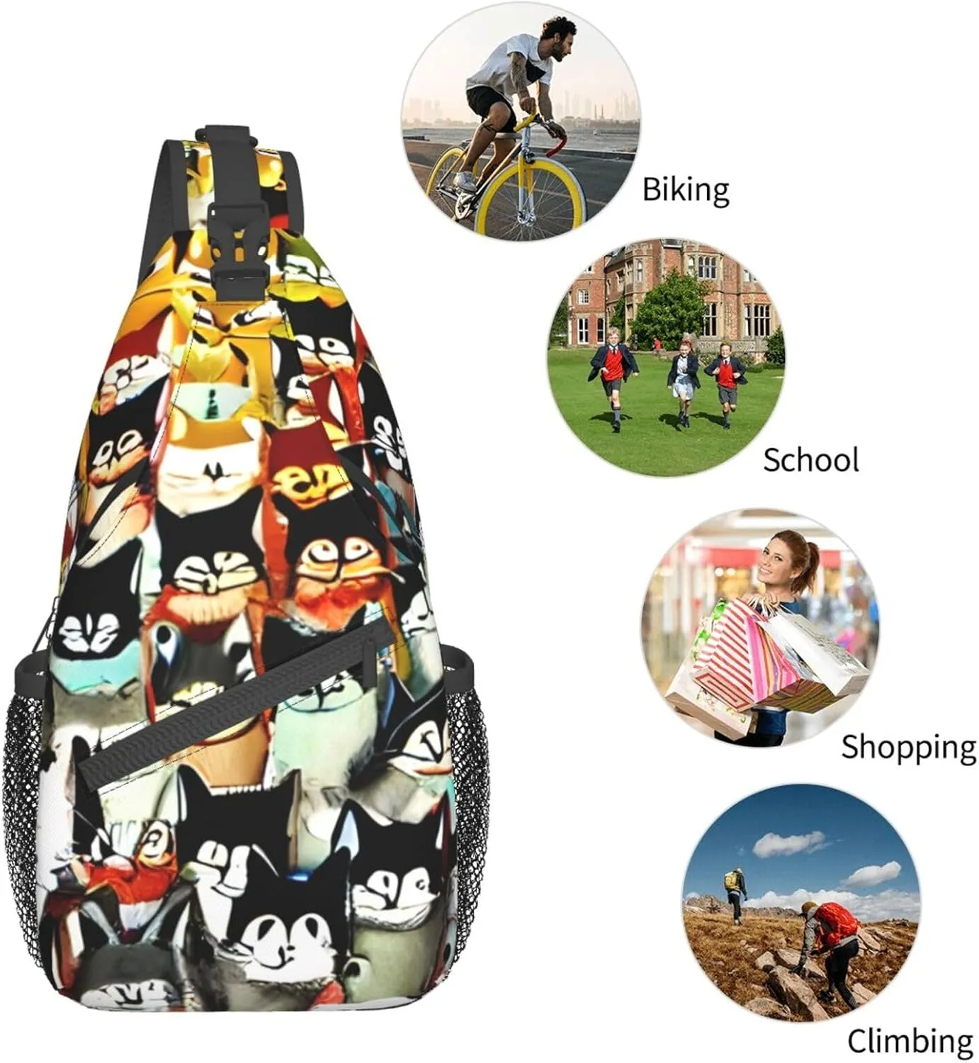 Many Cartoon Cat Unisex Casual Diagonal Chest Bag,Multipurpose Crossbody Shoulder Bag Travel Hiking Daypack