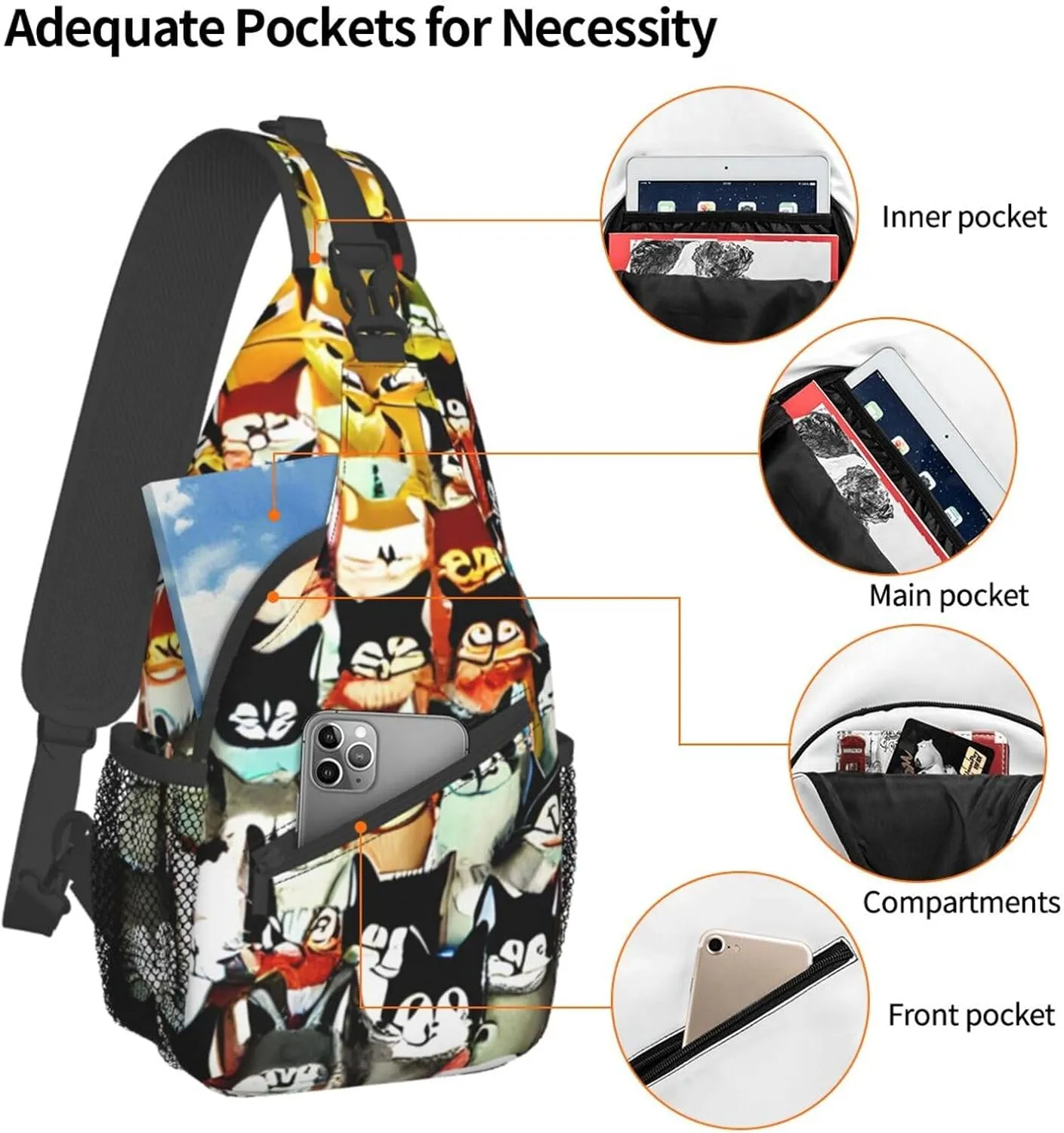 Many Cartoon Cat Unisex Casual Diagonal Chest Bag,Multipurpose Crossbody Shoulder Bag Travel Hiking Daypack