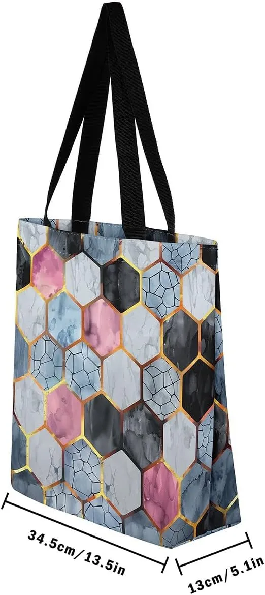 Marble Honeycomb Canvas Tote Bag,Modern Geometric Aesthetic Shoulder Handbags for Shopping Gym