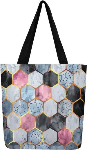 Marble Honeycomb Canvas Tote Bag,Modern Geometric Aesthetic Shoulder Handbags for Shopping Gym