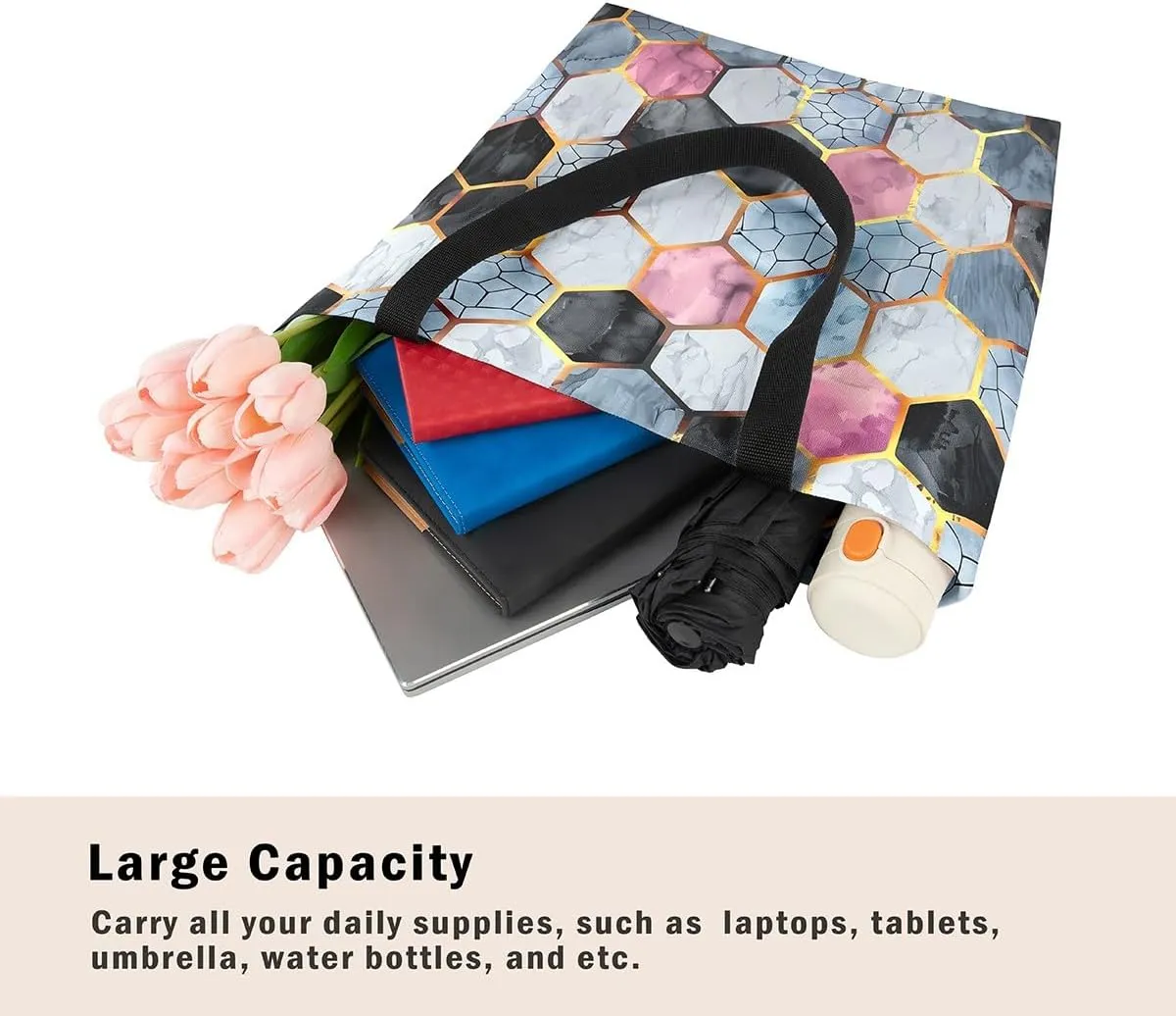 Marble Honeycomb Canvas Tote Bag,Modern Geometric Aesthetic Shoulder Handbags for Shopping Gym