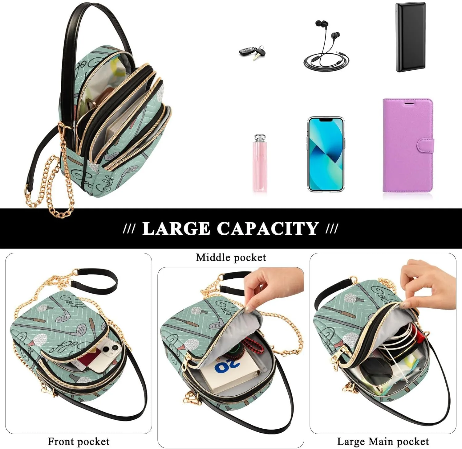 MCHIVER Golf Crossbody Bag for Women Cell Phone Purse Wallet with Removable Chain Shoulder Handbag