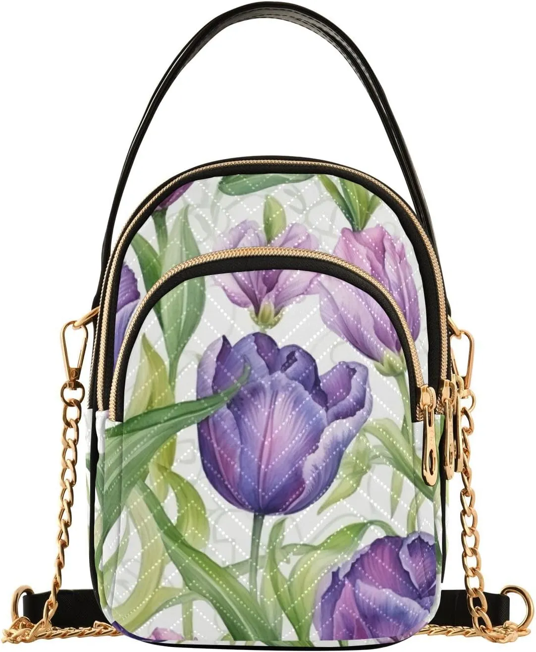 MCHIVER Purple Tulips Flowers Leaves Crossbody Bag for Women Cell Phone Purse Wallet with Removable Chain Shoulder Handbag for Travel Work Passport Phone