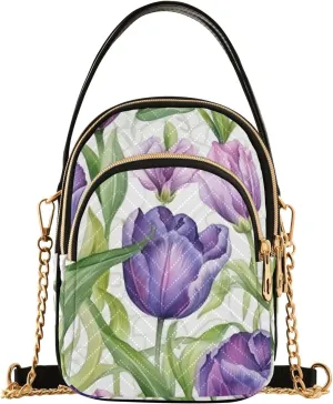 MCHIVER Purple Tulips Flowers Leaves Crossbody Bag for Women Cell Phone Purse Wallet with Removable Chain Shoulder Handbag for Travel Work Passport Phone