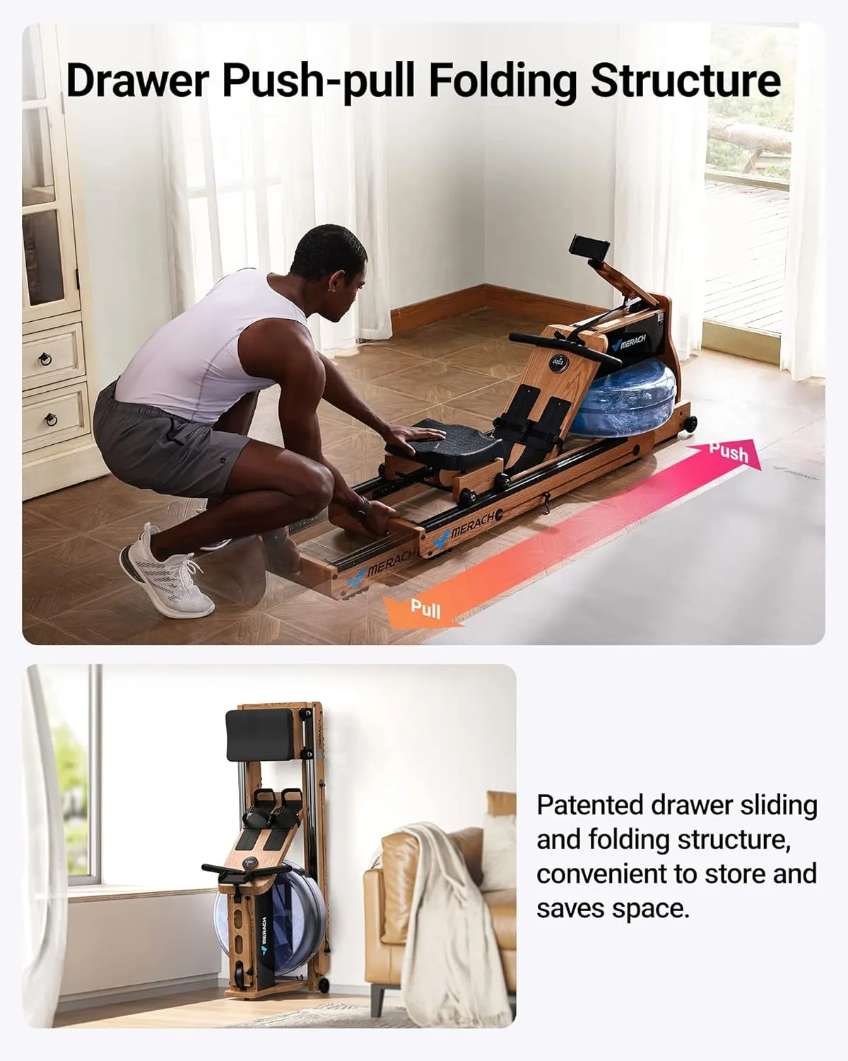 MERACH Water Rowing Machines for Home, Foldable Row Machine with 400LBS Weight Capacity, Dedicated Monitor and Comfortable Seat, Free MERACH App for Immersive Water Rower