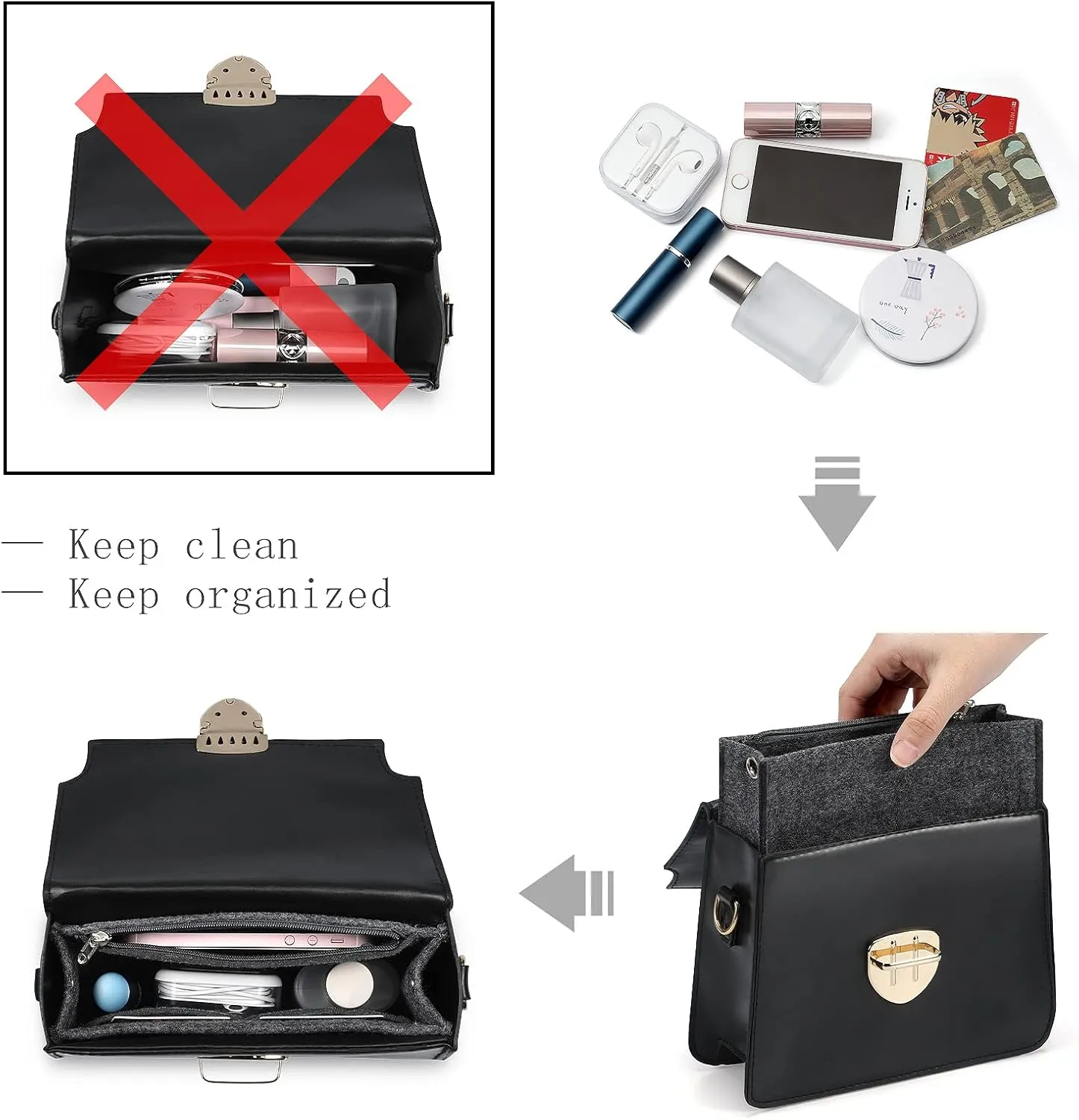 Mini Felt Purse Organizer Insert Small Tote Bag organizer with Zipper