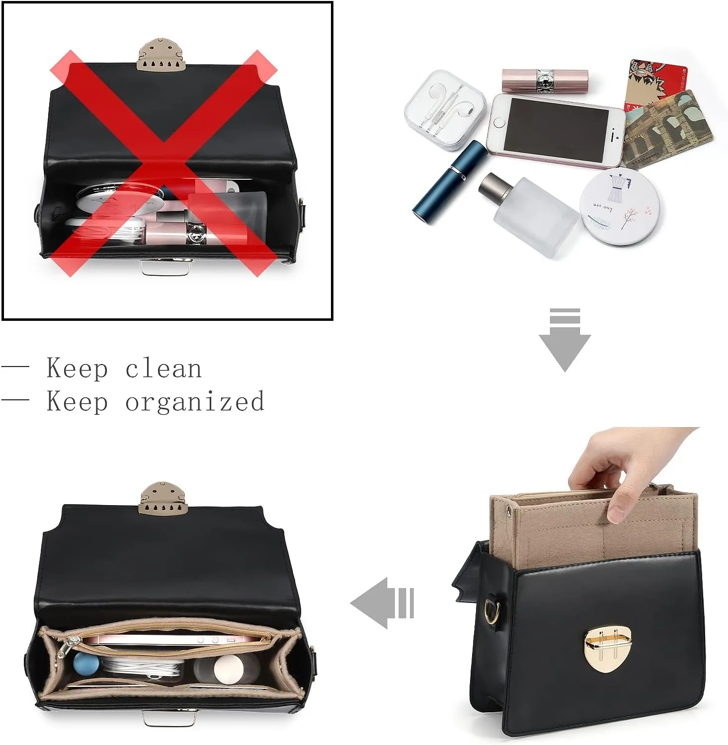 Mini Felt Purse Organizer Insert Small Tote Bag organizer with Zipper