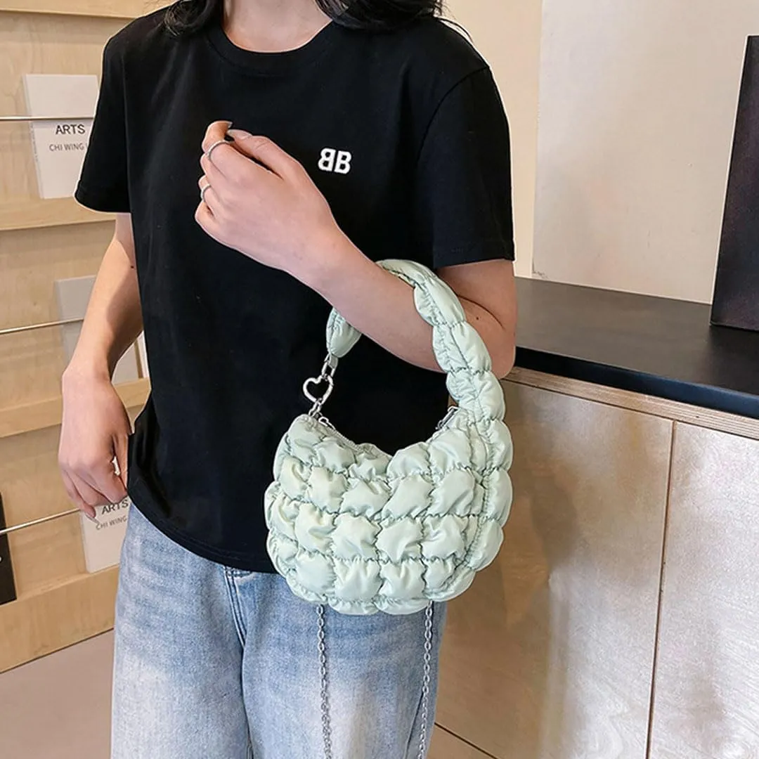 Mini Puffer Tote Bag for Women Quilted Carryall Bag Puffy Purse Puffer Crossbody Bag Shoulder Bag Nylon Crescent Bag