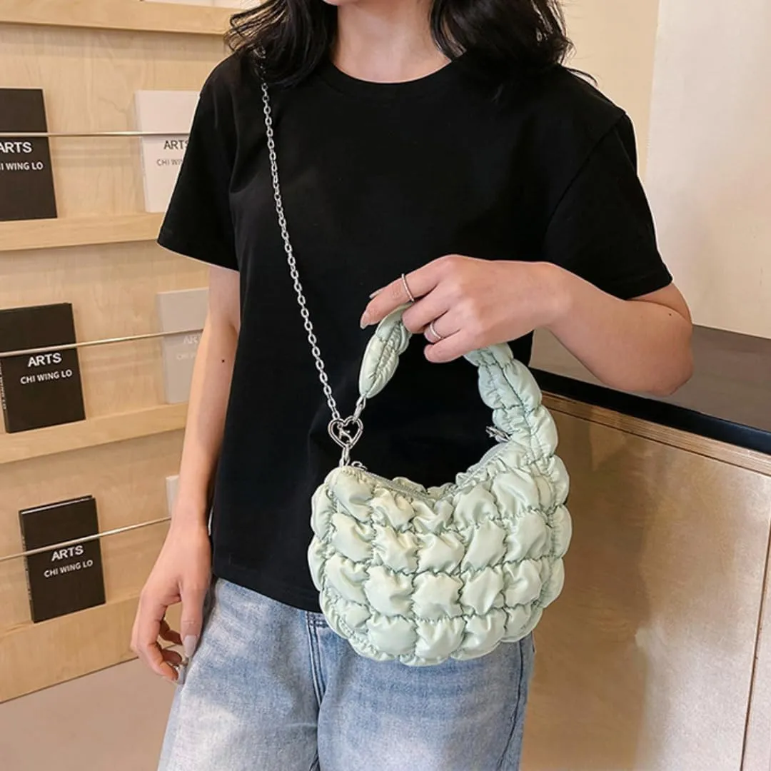 Mini Puffer Tote Bag for Women Quilted Carryall Bag Puffy Purse Puffer Crossbody Bag Shoulder Bag Nylon Crescent Bag