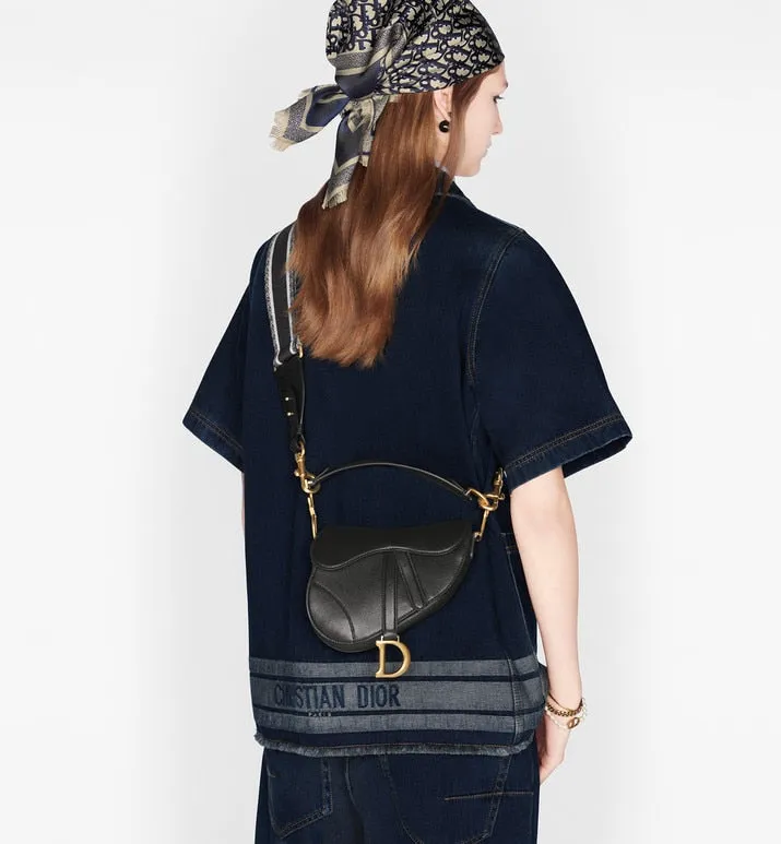 Mini Saddle Bag with Strap • Black Grained Calfskin