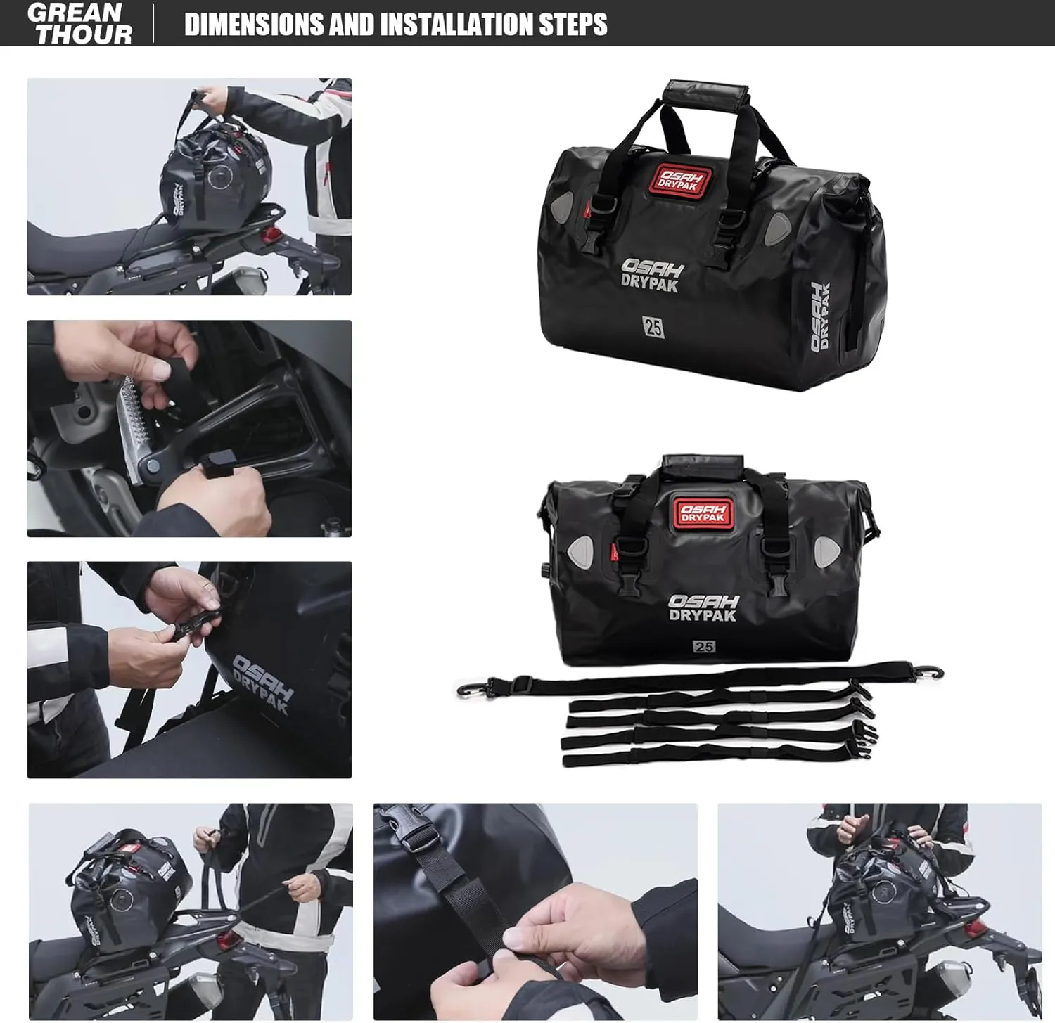 Motorcycle Dry Bag - Waterproof Motorcycle Duffle & Luggage Tail Bag Saddle Bags with Roll Top Closure, Large Storage Space，for Motorcycle Back Seat(Grey, 40L)