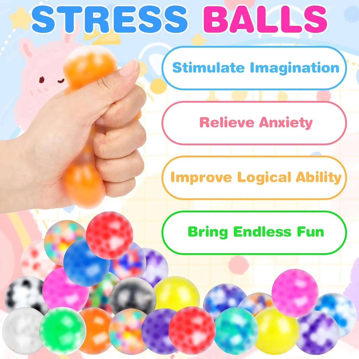 NEOACT 60 Pack Stress Balls,Squishy Squeeze Balls Bulk Fidget Ball for Adults Squishy Balls,Stress Relief Ball,Party Favors,Birthday Gift, Goodie Bag Stuffers