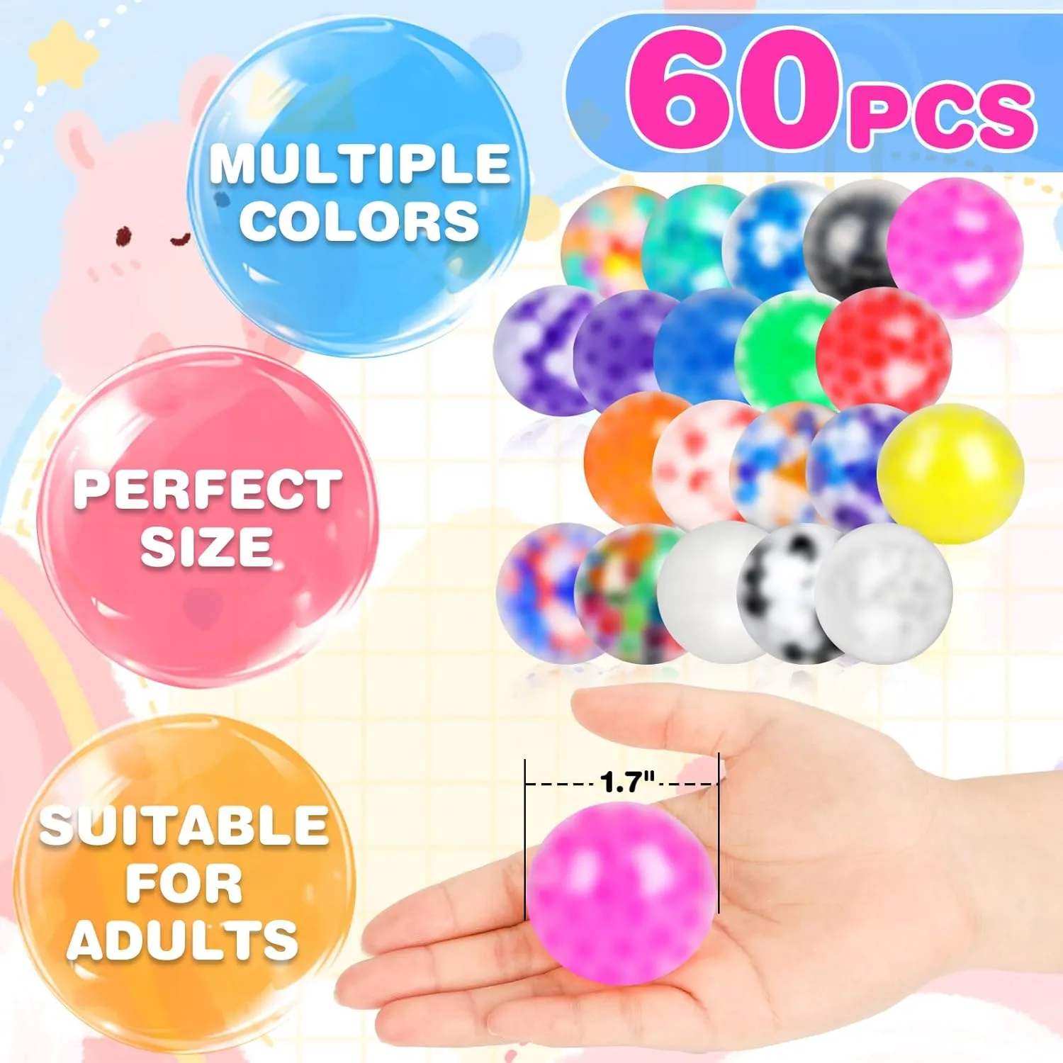 NEOACT 60 Pack Stress Balls,Squishy Squeeze Balls Bulk Fidget Ball for Adults Squishy Balls,Stress Relief Ball,Party Favors,Birthday Gift, Goodie Bag Stuffers