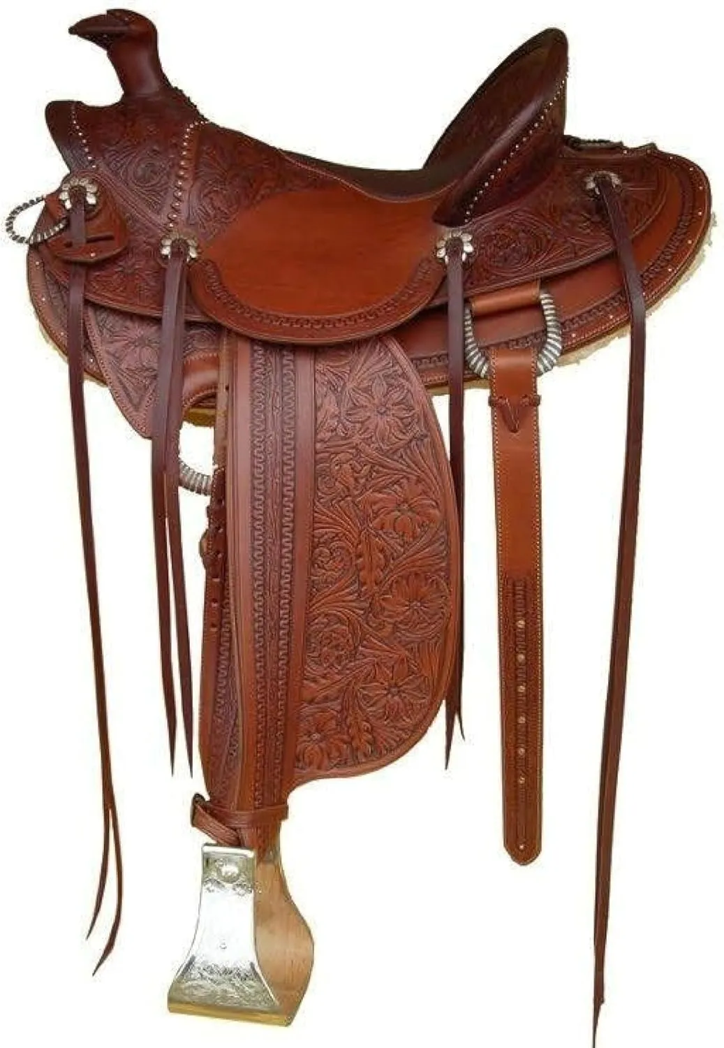 New Western Hot Seat Carved and Tooled Leather Dark Tan Pleasure Trail Saddle Ranch Work Collection Head Stall Breast Collar, Reins Included Set-All Customization Available