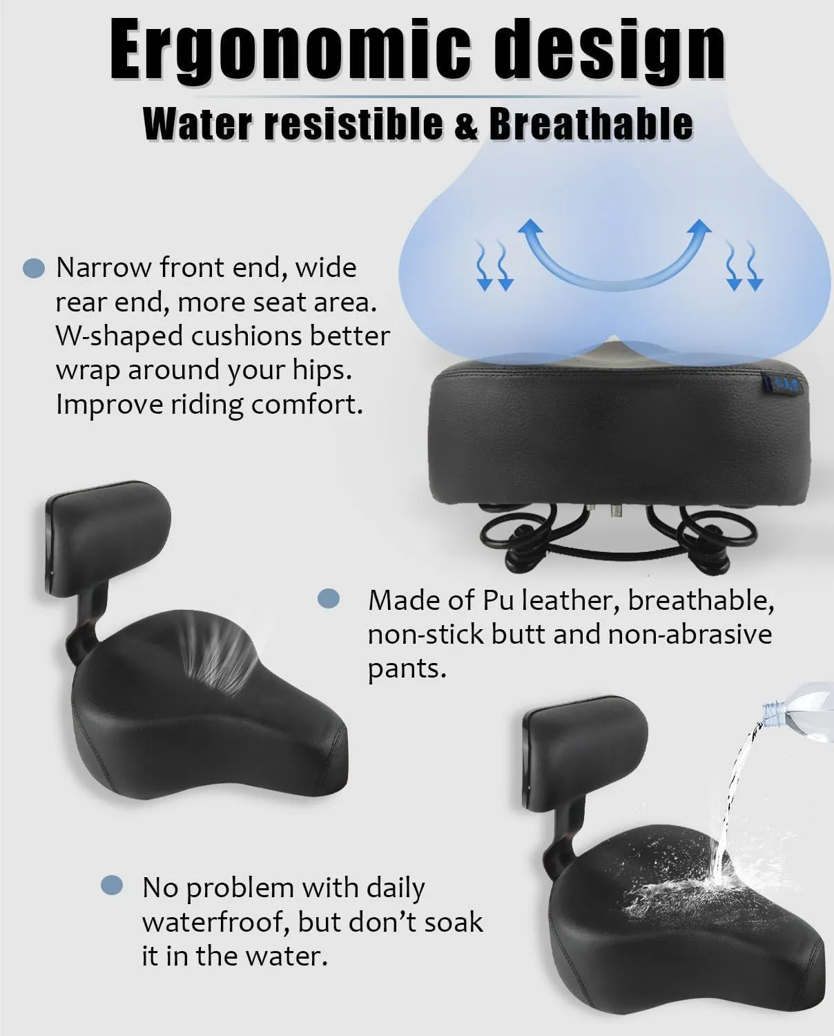 Oversized Electric Scooter Saddle with Backrest - Comfortable Wide Bike Seat Cushion Replacement, Extra Wide Bicycle Seat Wing Ergonomic Design, Shock Absorbing, Waterproof, Universal