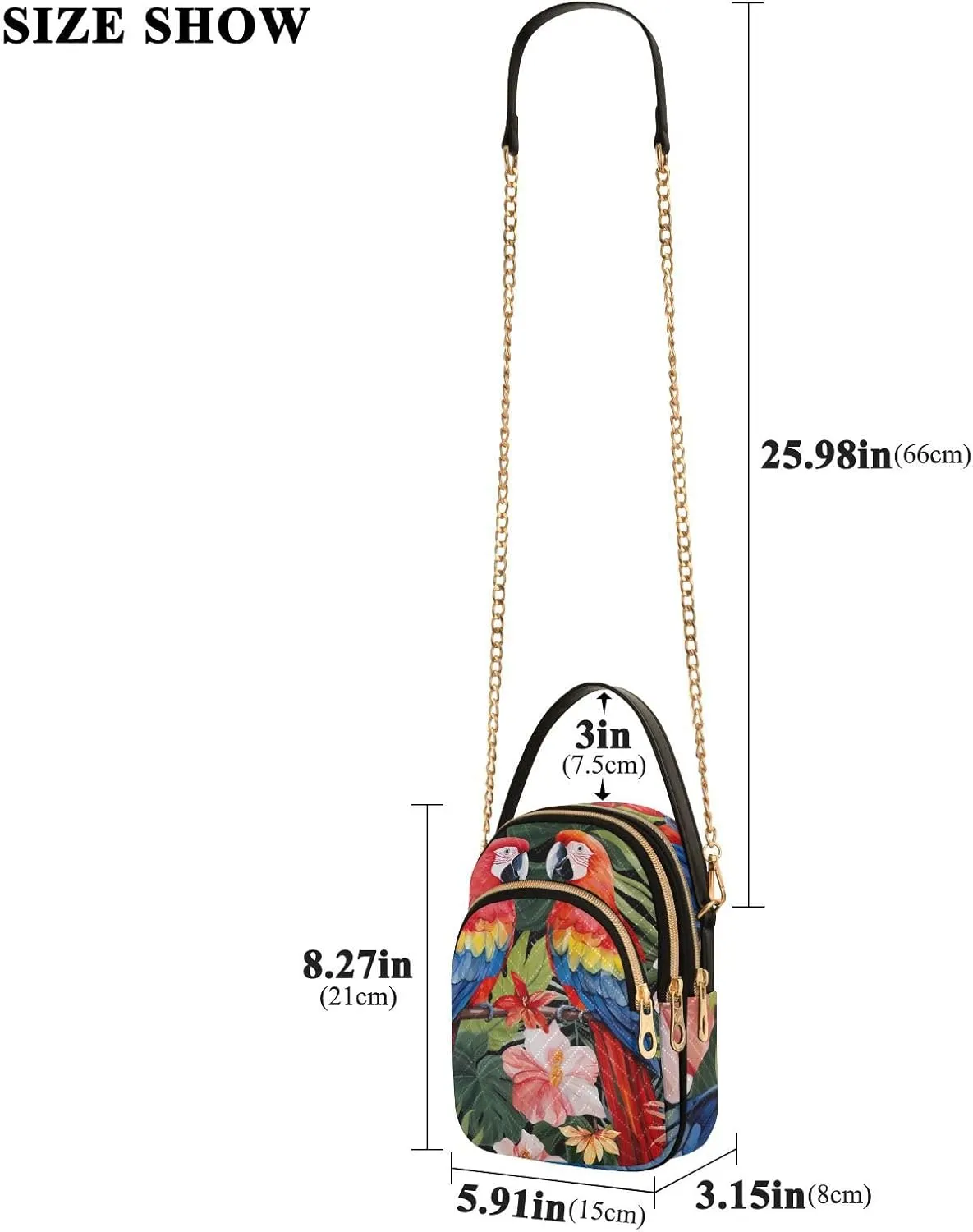 Parrots and Tropical Flowers Women's Crossbody Bags, Casual Crossbody Purse Gold Chain Crossbody Bag