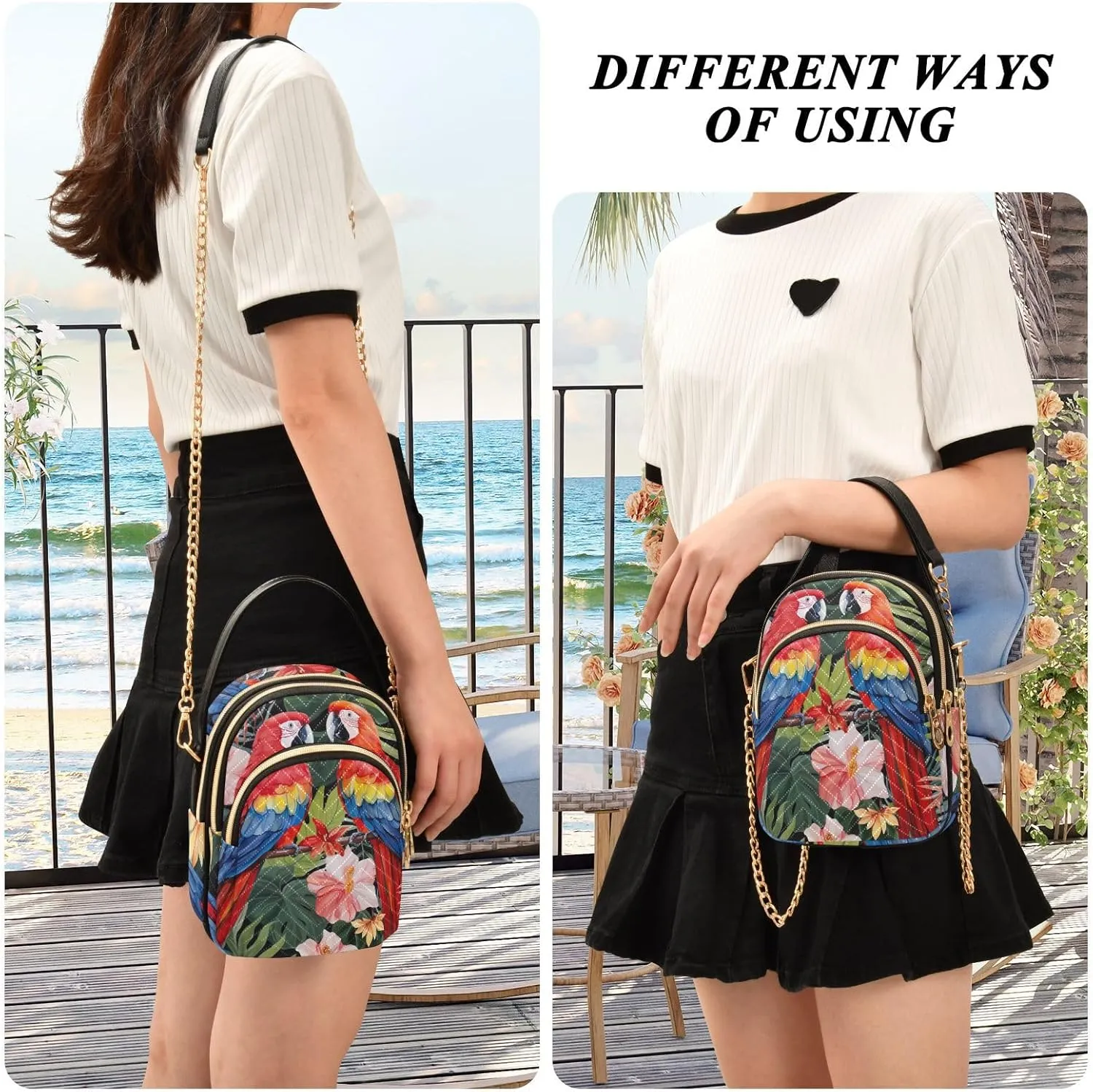 Parrots and Tropical Flowers Women's Crossbody Bags, Casual Crossbody Purse Gold Chain Crossbody Bag