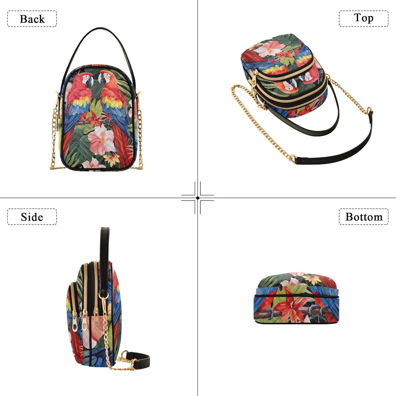 Parrots and Tropical Flowers Women's Crossbody Bags, Casual Crossbody Purse Gold Chain Crossbody Bag