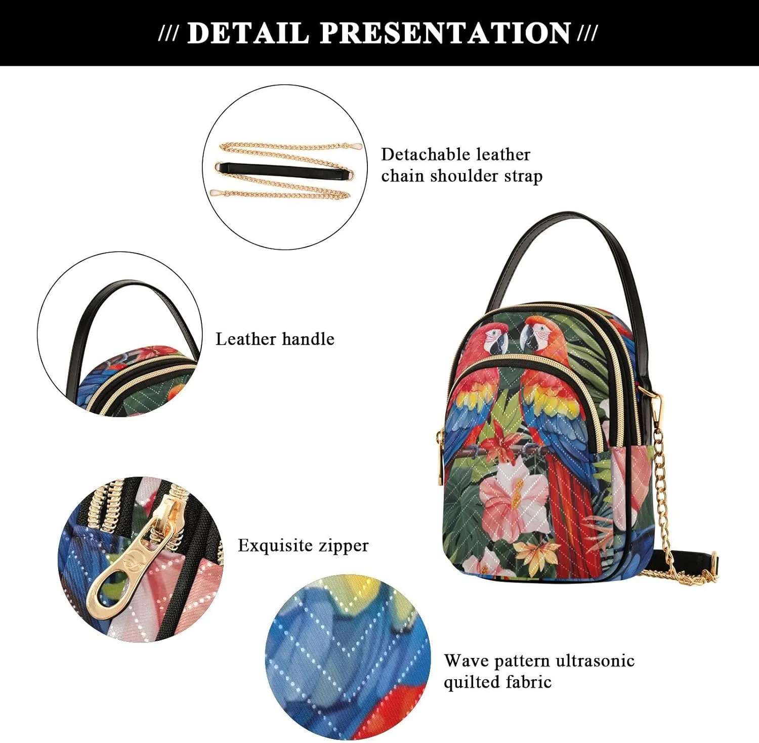 Parrots and Tropical Flowers Women's Crossbody Bags, Casual Crossbody Purse Gold Chain Crossbody Bag