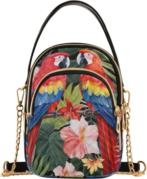 Parrots and Tropical Flowers Women's Crossbody Bags, Casual Crossbody Purse Gold Chain Crossbody Bag