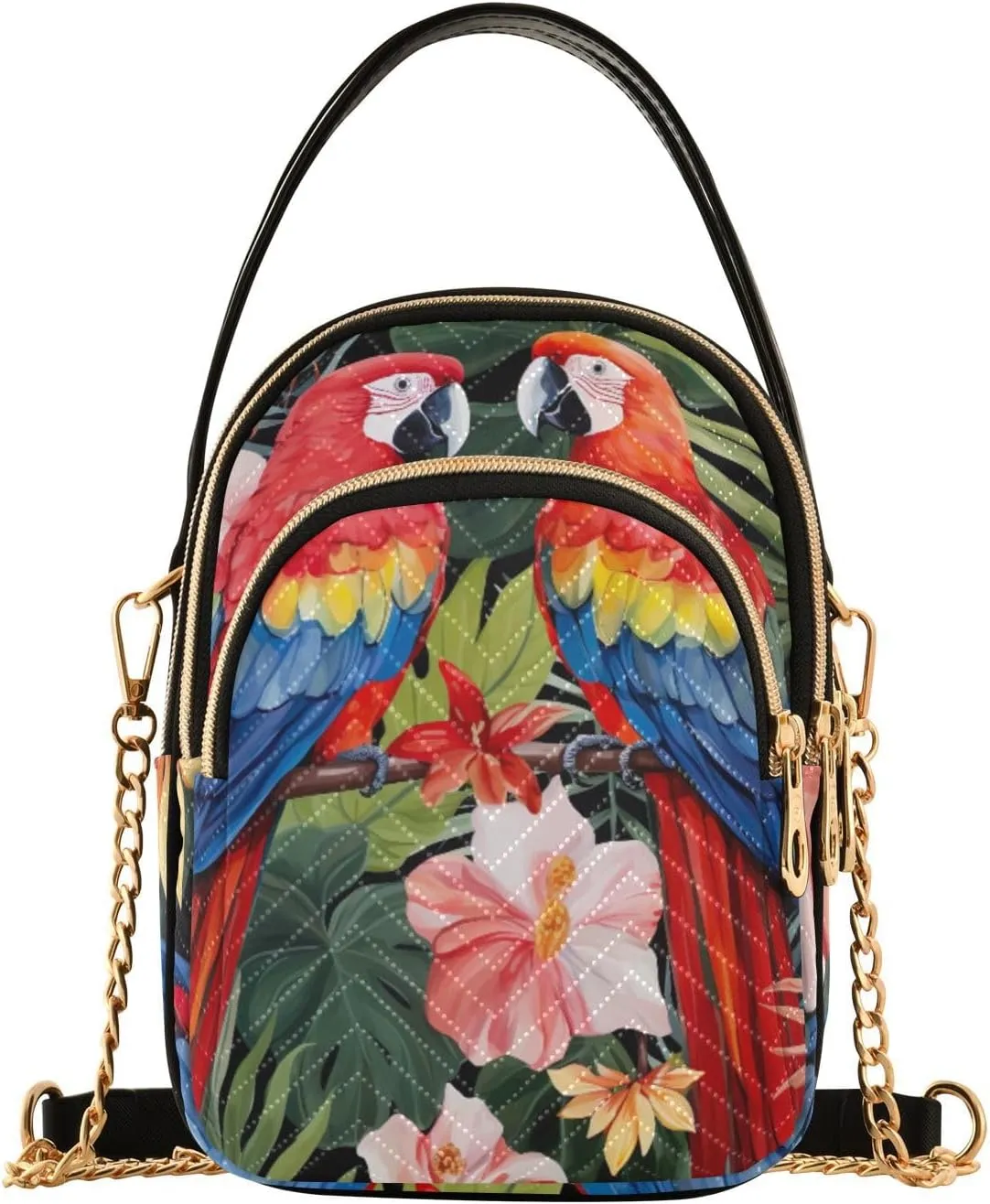 Parrots and Tropical Flowers Women's Crossbody Bags, Casual Crossbody Purse Gold Chain Crossbody Bag
