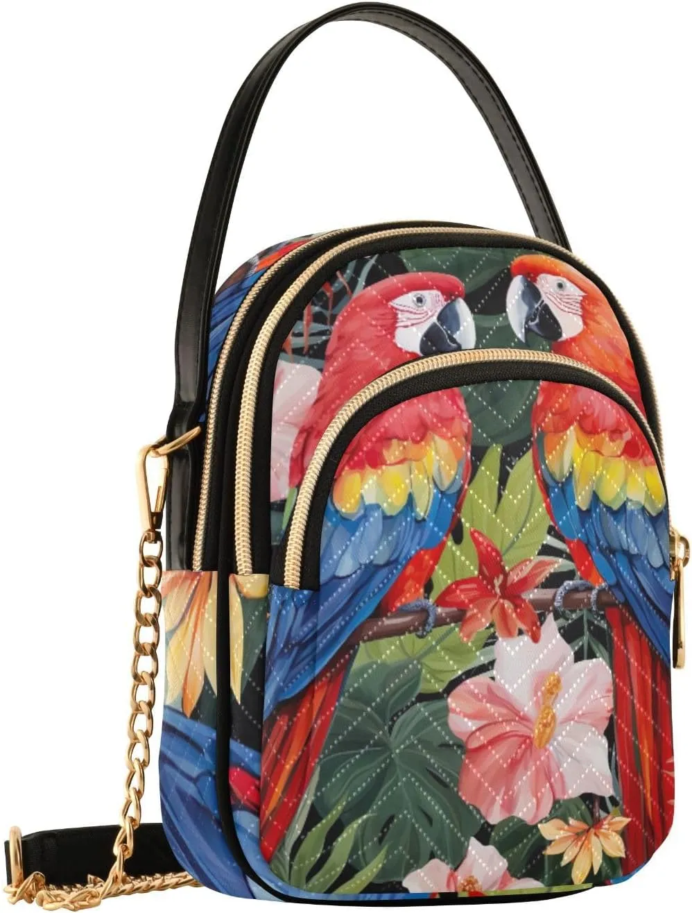 Parrots and Tropical Flowers Women's Crossbody Bags, Casual Crossbody Purse Gold Chain Crossbody Bag