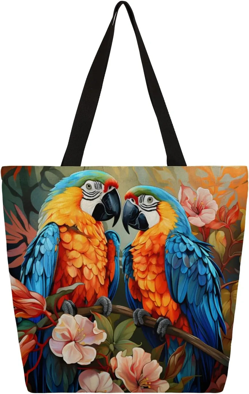 Parrots Tropical Flowers Large Capacity Canvas Tote Bag Stylish Handheld Shoulder Bag Reusable Shopping Bag for Work Travel Beach Trips Shopping