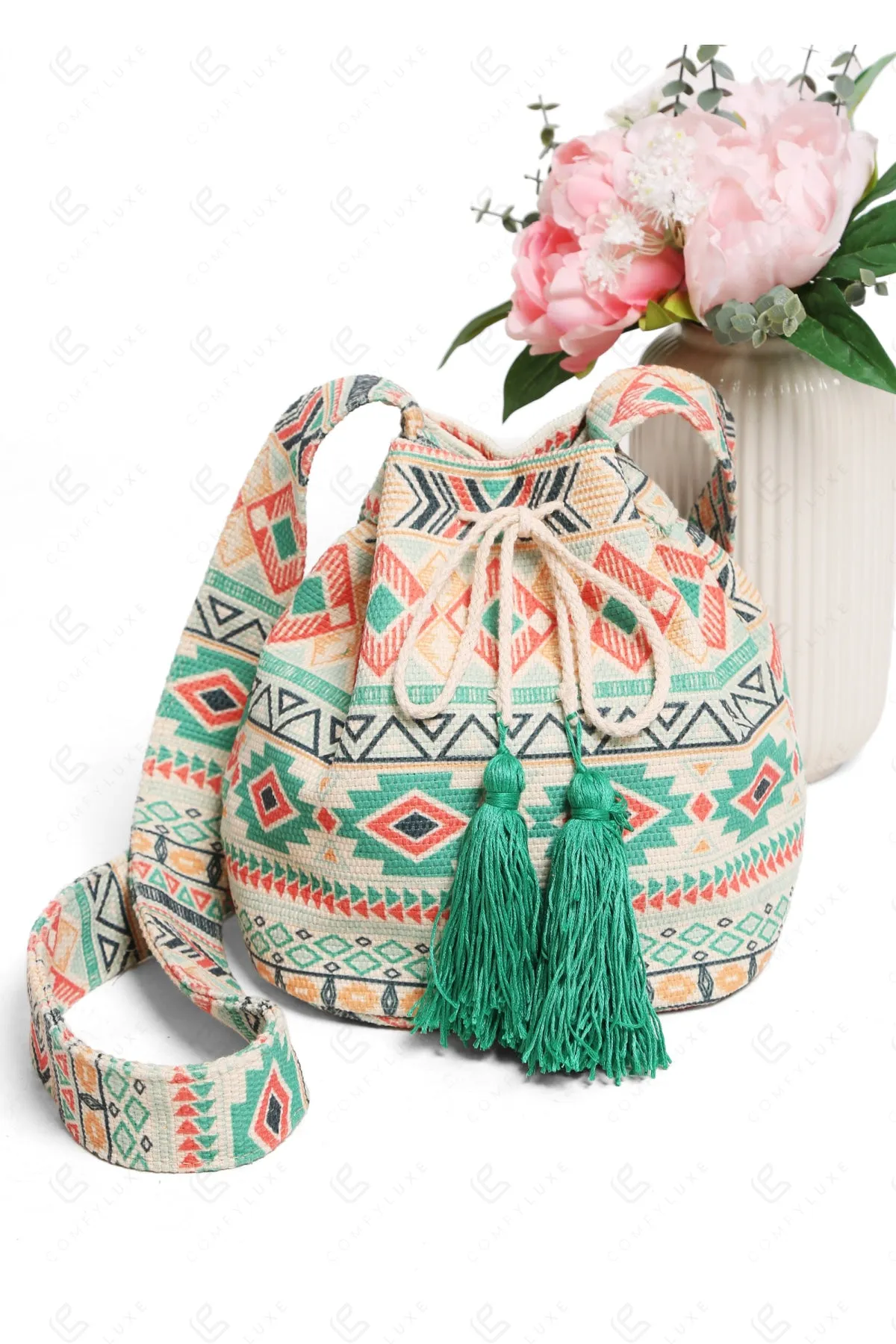 Patterned Crossbody Bucket Bag W/ Tasseled Drawstring