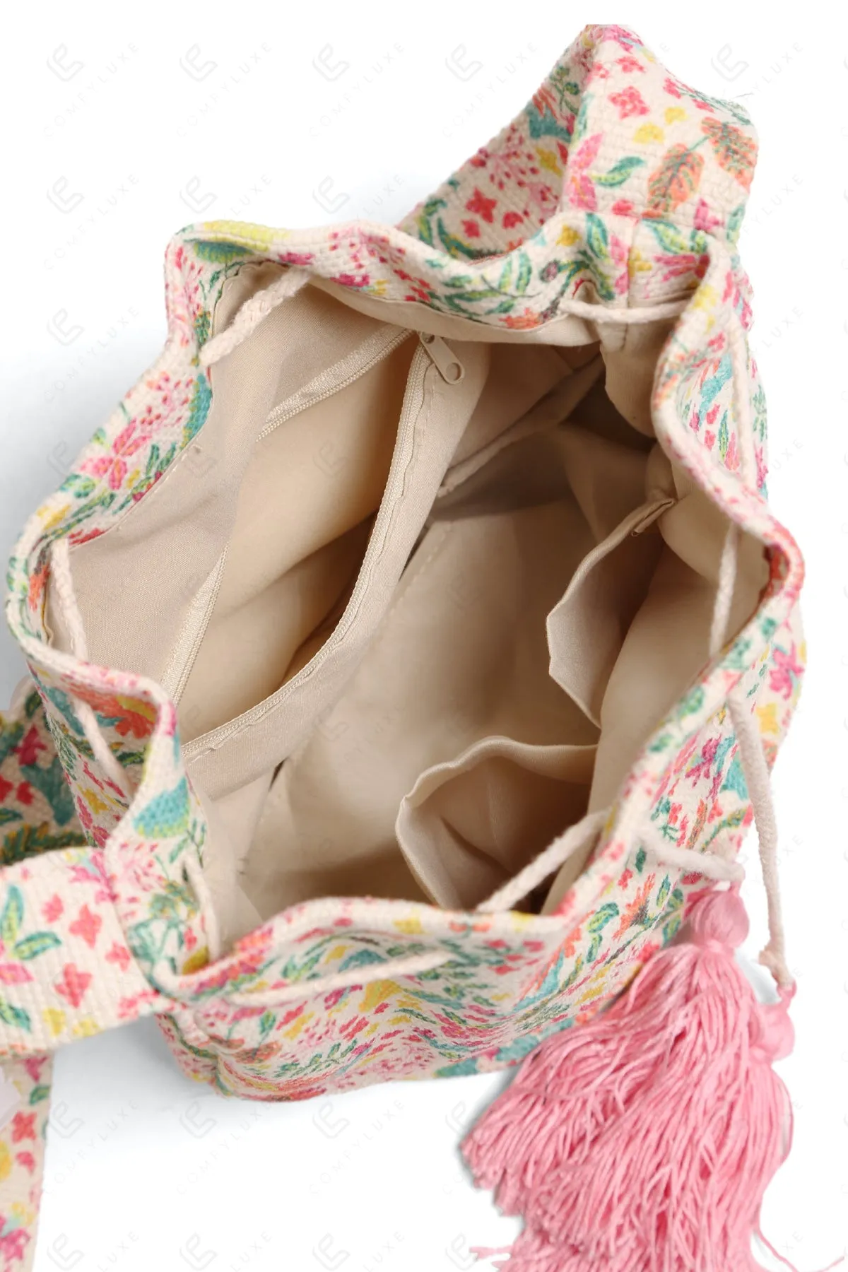 Patterned Crossbody Bucket Bag W/ Tasseled Drawstring