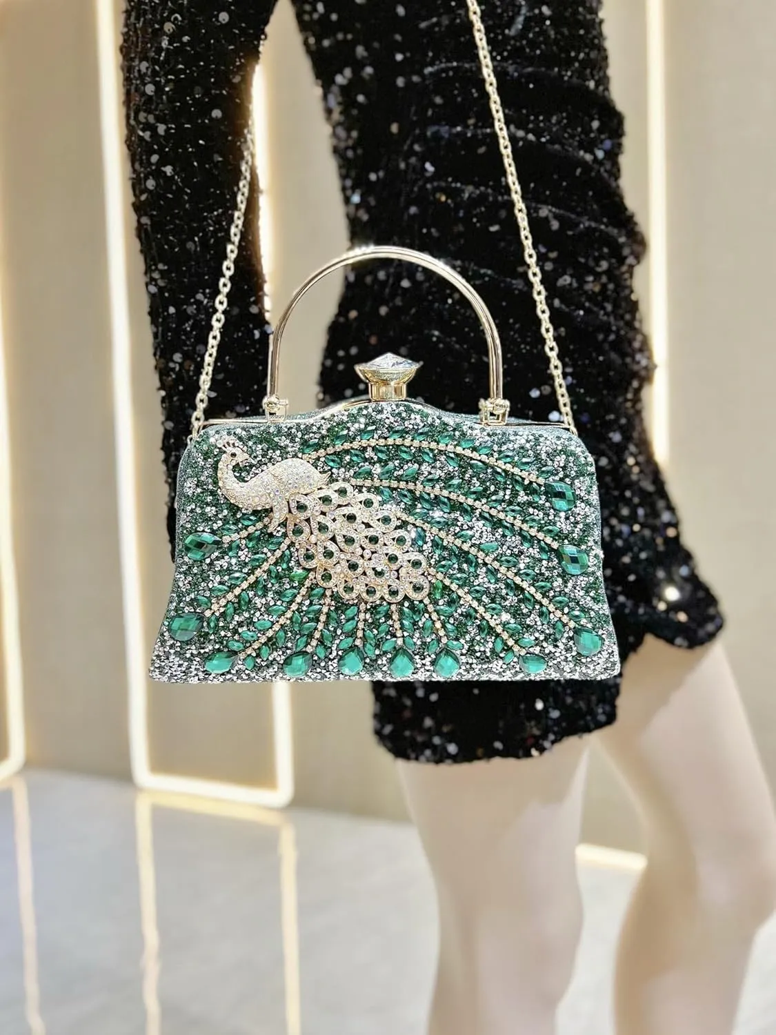 ‌Peacock-Embellished Women's Handbag with Removable Strap & Acrylic Gems - Polyester-Lined（5 Colors）