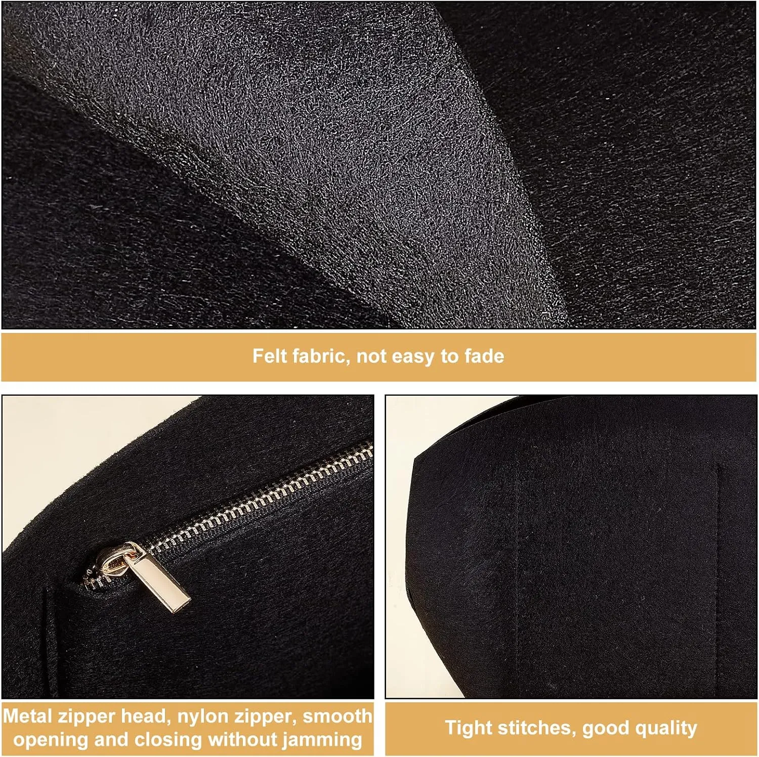 PH PandaHall Purse Organizer Insert, 1.1 x 0.9 x 0.5 Inch Felt Bag Organizer Shell Tote Organizer with Zipper and Pockets for Women Tote Purse Liner Purse in Purse Shaper Handbag, Black