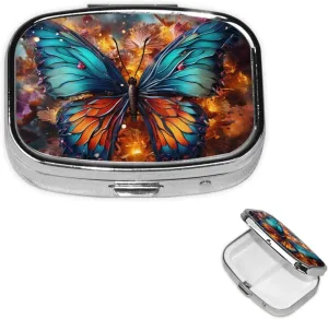 Pill Case with Mirror Retro 2 Compartment Pill Box Color Butterfly Background Small Pill Organizer for Purse or Pocket Decorative Metal Medicine Vitamin Organizer Unique Gifts