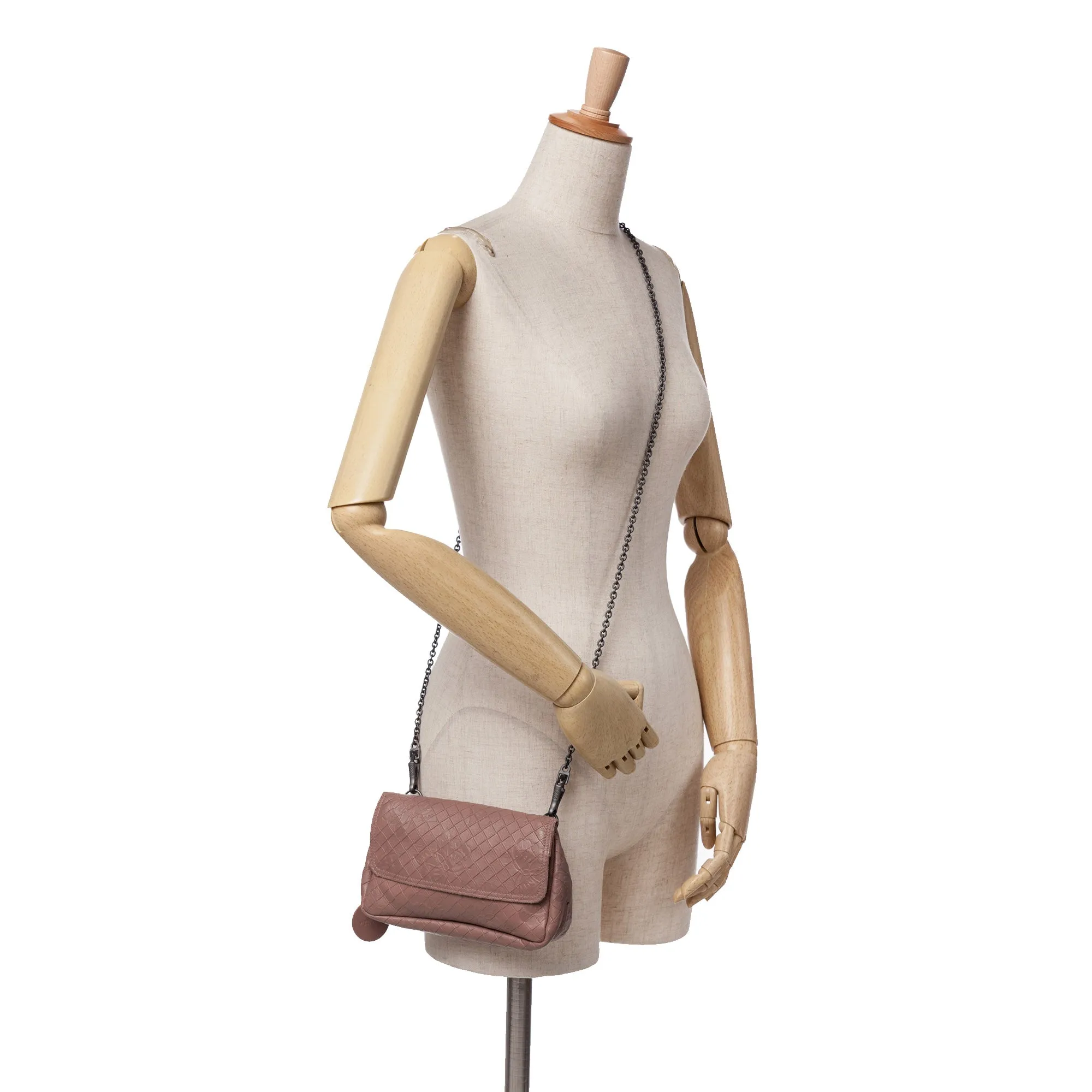 Pink Bottega Veneta Small Calfskin Intrecciomirage Embossed Butterfly Chain Crossbody
