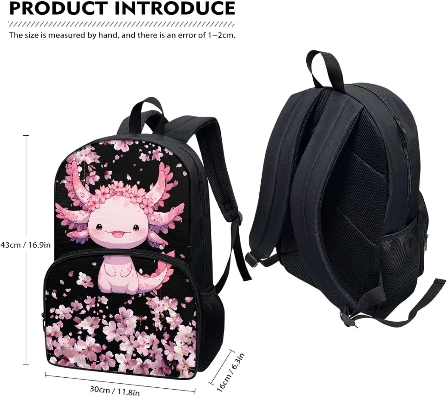 POLERO Cherry Blossom Axolotl Backpack Girls 6-8 Kids Backpacks School Bag Bookbag Schoolbag Daypack Travel Bag with Front Pocket